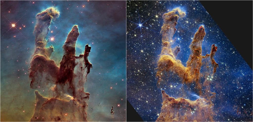 Créditos: NASA, ESA, CSA, STScI.
El Hubble captó la imagen de la izquierda en 2014 y en 2022 el James Webb capturó la de la derecha, donde se pueden ver mucho más nítidas la formación y las estrellas.