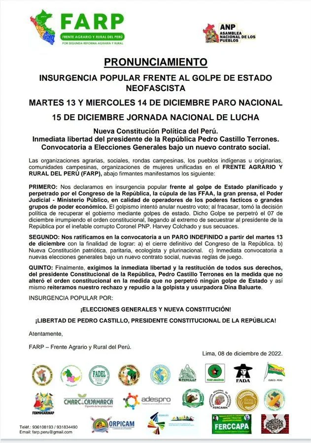 Carta del Frente Agrario y Rural de Perú y la Asamblea Nacional de los Pueblos, defensores de Castillo.