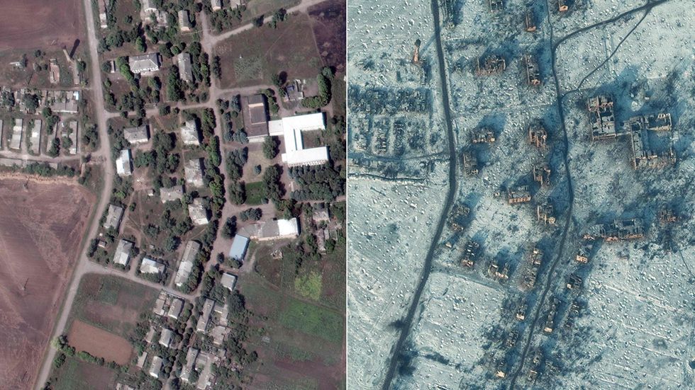 Izquierda: imagen satelital de Soledar (Donetsk) el pasado 1 de agosto. Derecha: la misma zona de Soledar, hace dos días.
MAXAR TECHNOLOGIES / AFP.