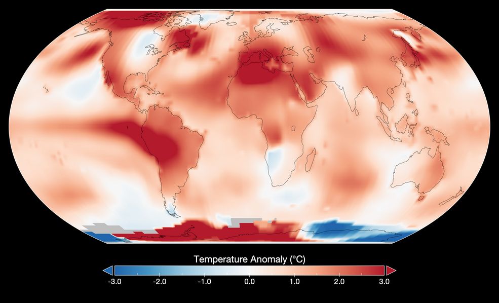 Este mapa muestra las anomalías globales de temperatura para julio de 2023, según el análisis GISTEMP realizado por investigadores del Instituto Goddard de Estudios Espaciales de la NASA. Las anomalías de temperatura reflejan la comparación de julio de 2023 con la temperatura media para el mes de julio entre 1951 y 1980.
Foto: Instituto Goddard de Estudios Espaciales de la NASA.
